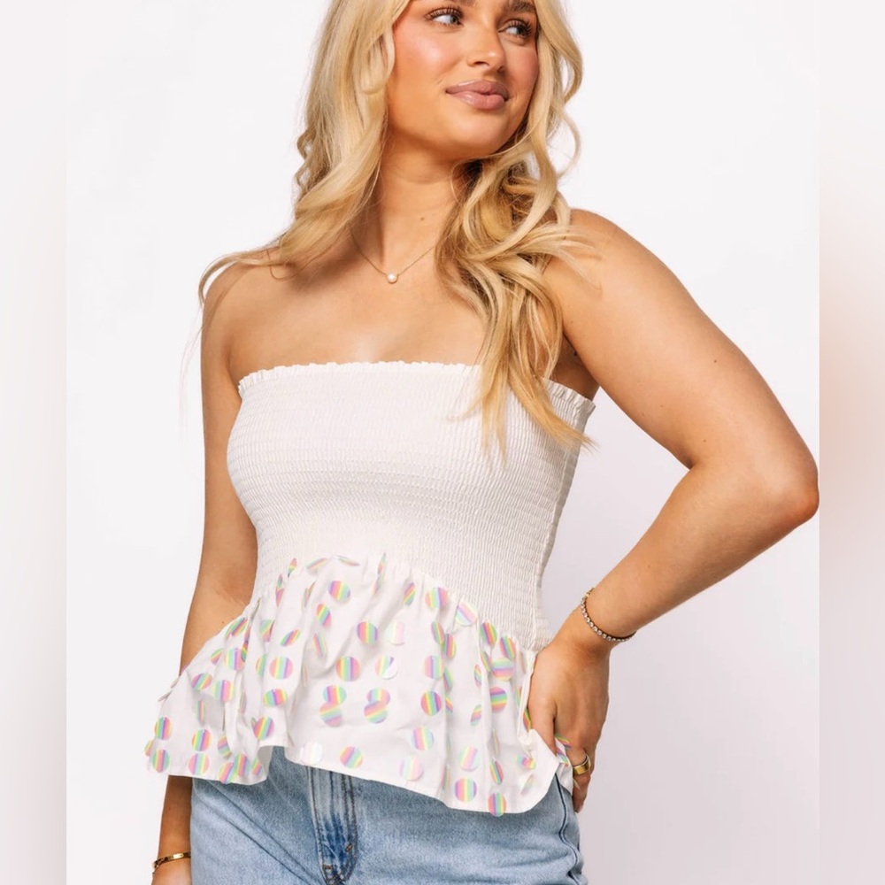 NEW Queen of Sparkles White Smocked Rainbow Sequin Pailette Top. Size M